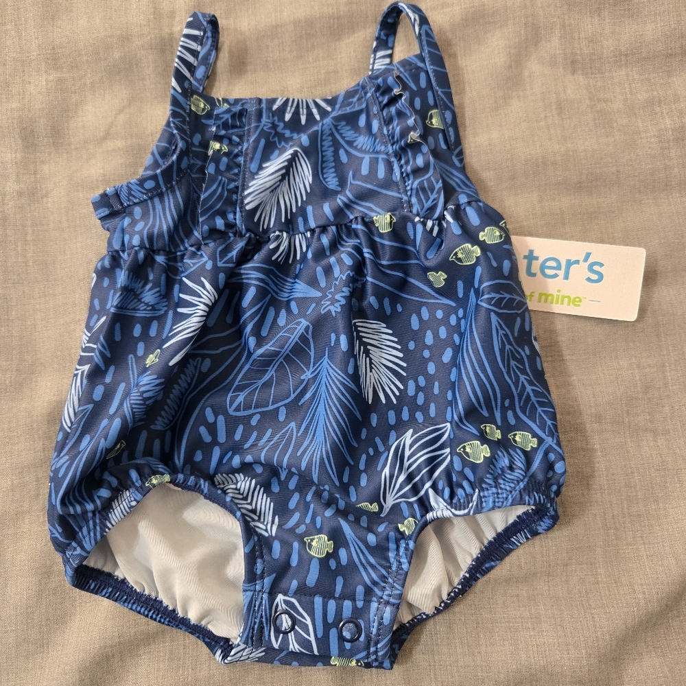 Carters Child Be Mine 1 Piece Swimsuit Infants 0-3 Months Blue with Fish Flowers